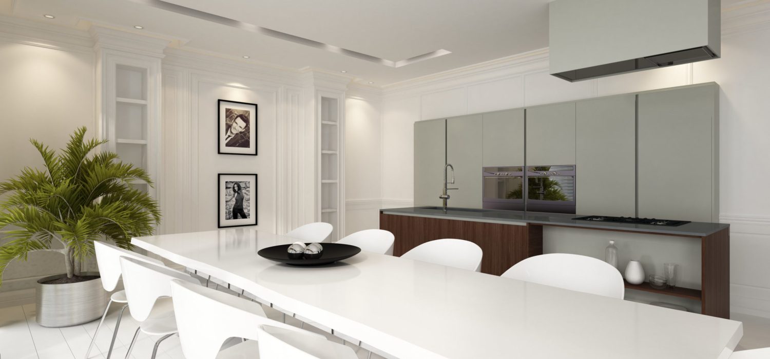 Modern luxury open plan dining room kitchen living area with fitted units and appliances and a stylish white table and chairs illuminated by down lights, 3d rendering